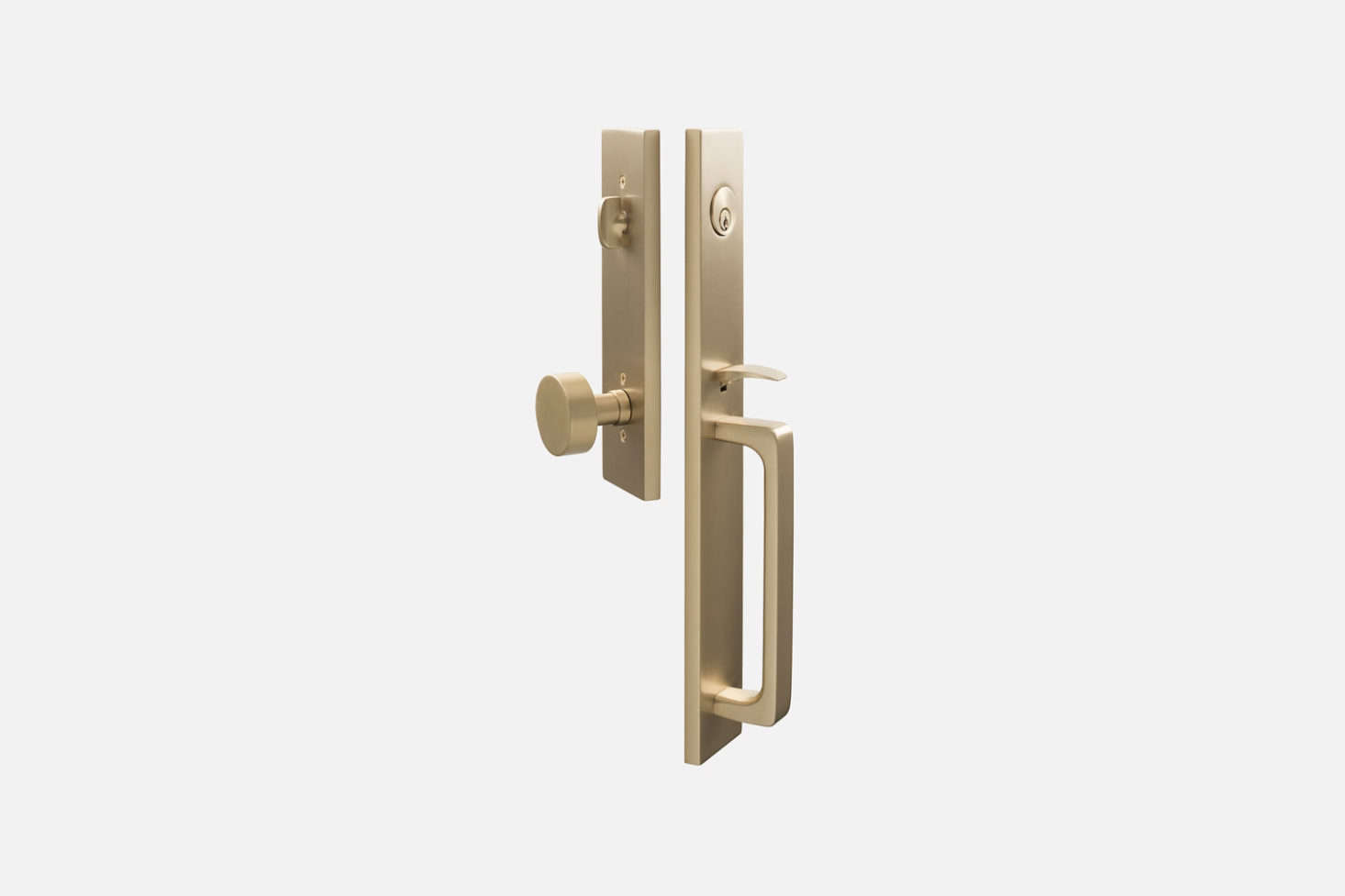 Another style from Emek available at Schoolhouse, the Lausanne Entrance Handleset with Cylinder Knob, shown in Satin Brass, for $364.