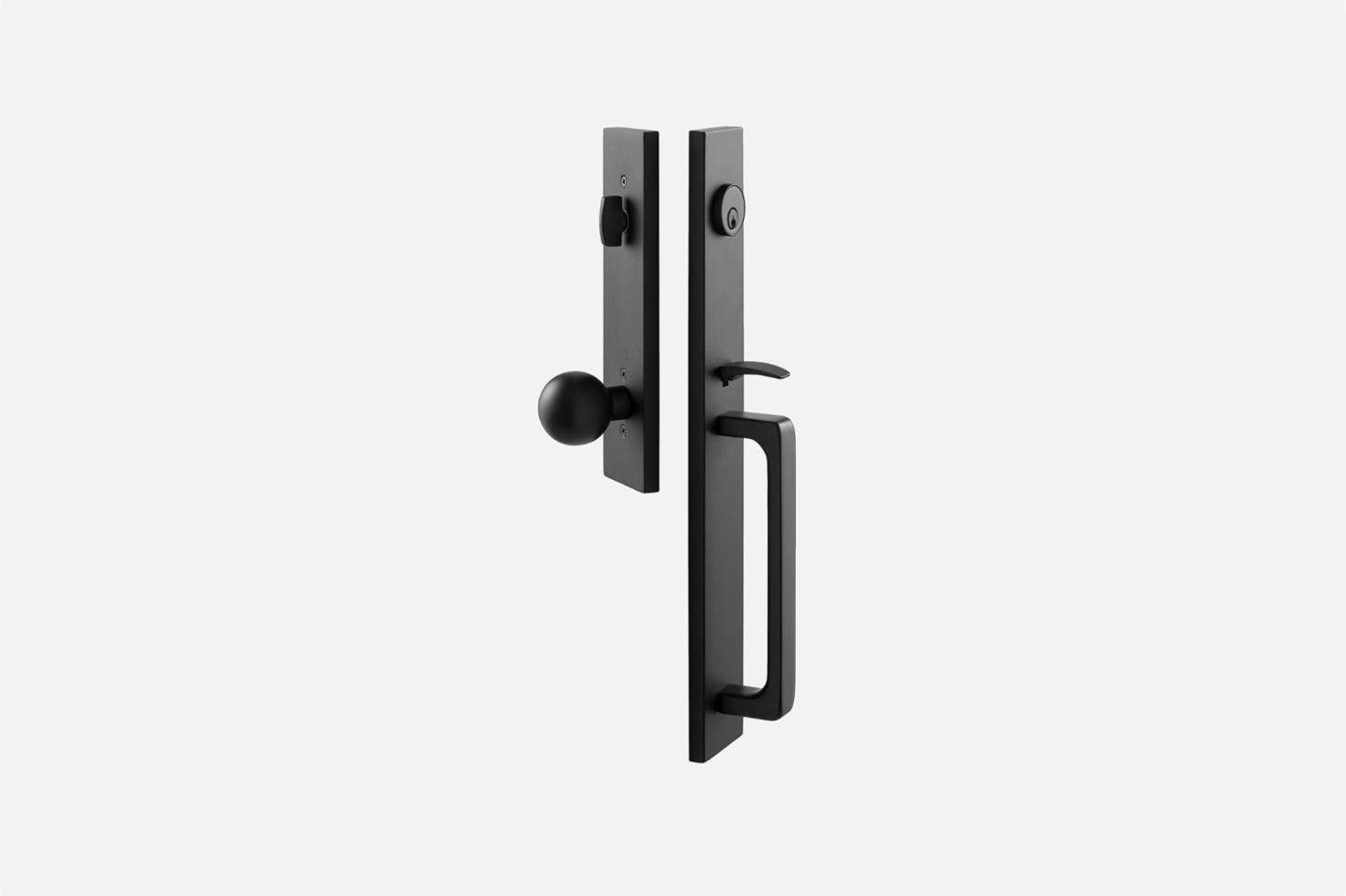 The Lausanne Entrance Handle Set with Globe Knob by Emtek is made of solid brass parts for $364 at Schoolhouse.