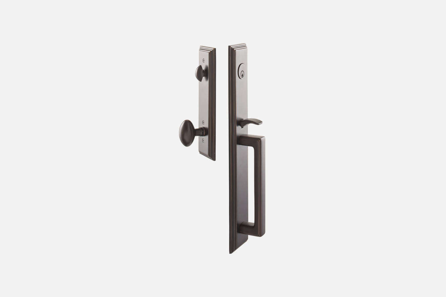 The Melrose Entrance Handleset Egg Knob in oil-rubbed bronze is by Emtek for $364 at Schoolhouse.