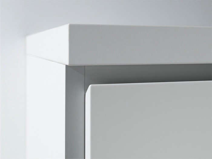 A detail of the German-made Bulthaup b1 drawers with an angled recessed grip. The b1 features birch interiors and Alpine White lacquered exteriors (it’s the high-end company’s least expensive offering).