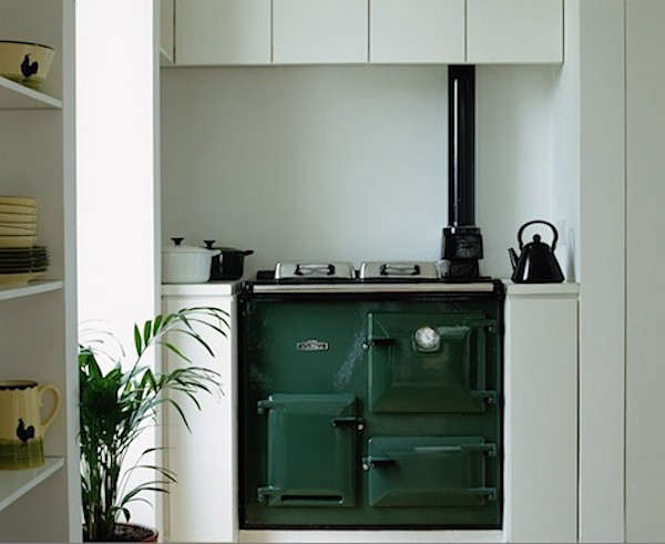 A Rayburn Cooker 300K in a kitchen in Galway, Ireland, designed by Guard Tillman Pollack. In the World War II make-do-and-mend spirit, the Rayburn is made of 70 percent recycled materials, which includes lamp posts, drain covers, and old cast-iron cookers. See Rayburn for UK stockists.