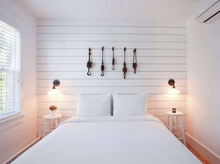 Shiplap behind the bed in Salt House Inn in Provincetown.