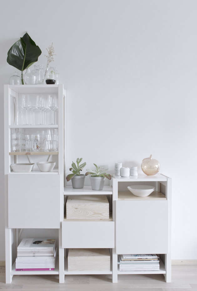 Modular multi-height shelves by Lundia—”a really nice Finnish brand”—offer open and closed storage.