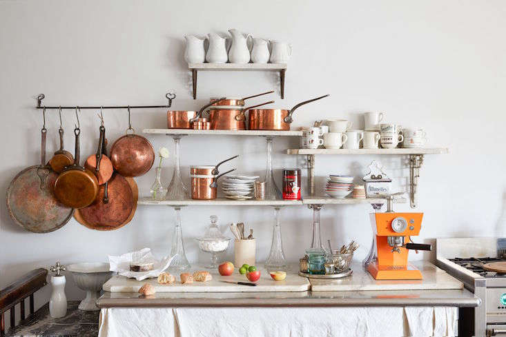  A practical use for multiple small scraps: open kitchen shelving (supported by sturdy brackets), as seen in A Historical Hudson, NY, Home Reimagined (European Antiques Included).