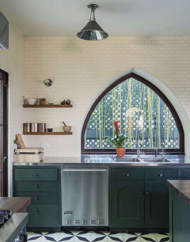 For the kitchen cabinetry in the Los Feliz home of Commune cofounder Ramin Shamshiri, the designer and his sister Pamela mixed 17 paint samples from Fine Paints of Europe to match the depth of a green door the pair spotted in the Netherlands. See more in Steal This Look: An Exotic Tiled Kitchen by LA Design Firm Commune. Photograph by Matthew Williams for Remodelista.