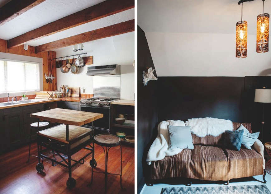 Above L: The cottage’s rustic kitchen. Above R: A vintage settee draped in throws and pillows.