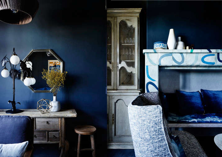 A room in shades of blue—with Klein-esque pillows—at Hotel Palisade: Seaside Glamour on Sydney Harbor, from Sibella Court.
