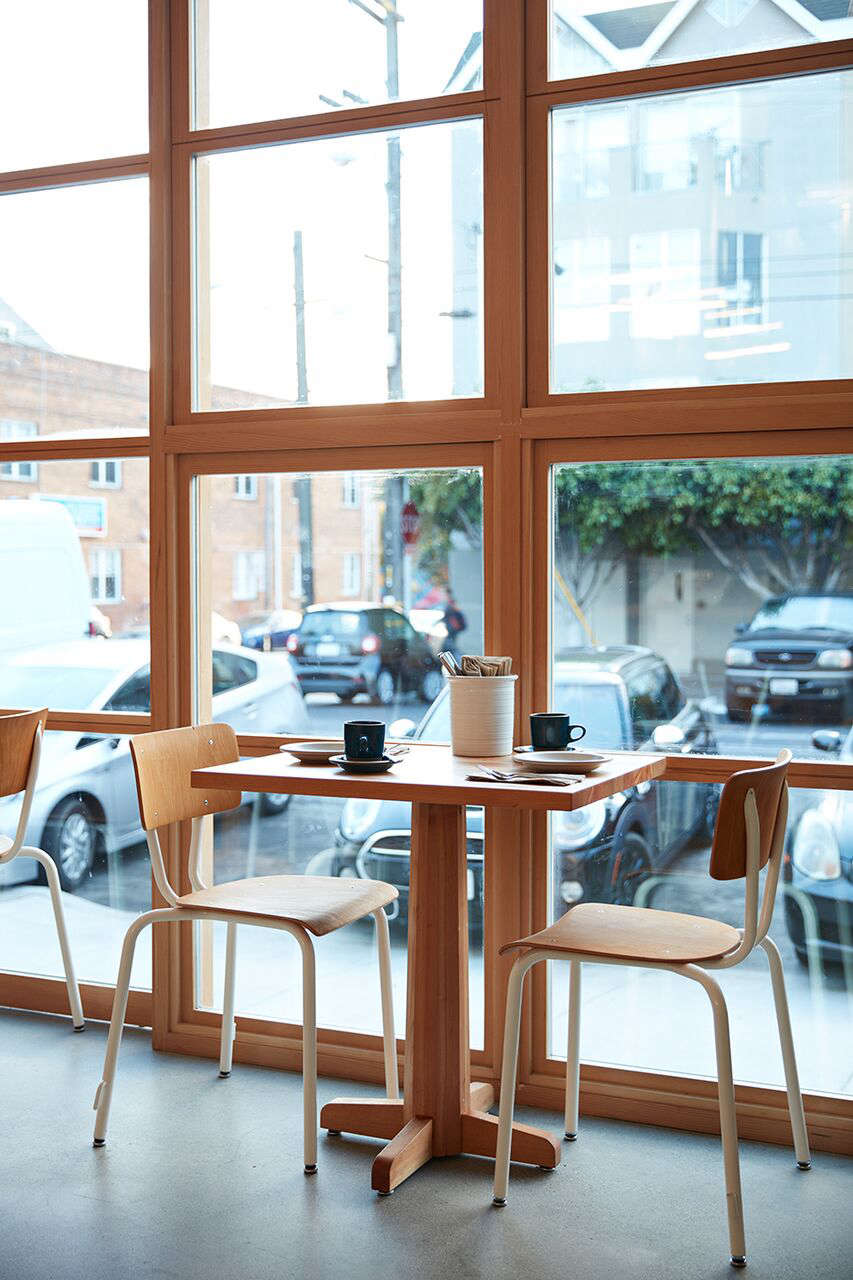 The custom school chairs up close at Tartine Manufactory.