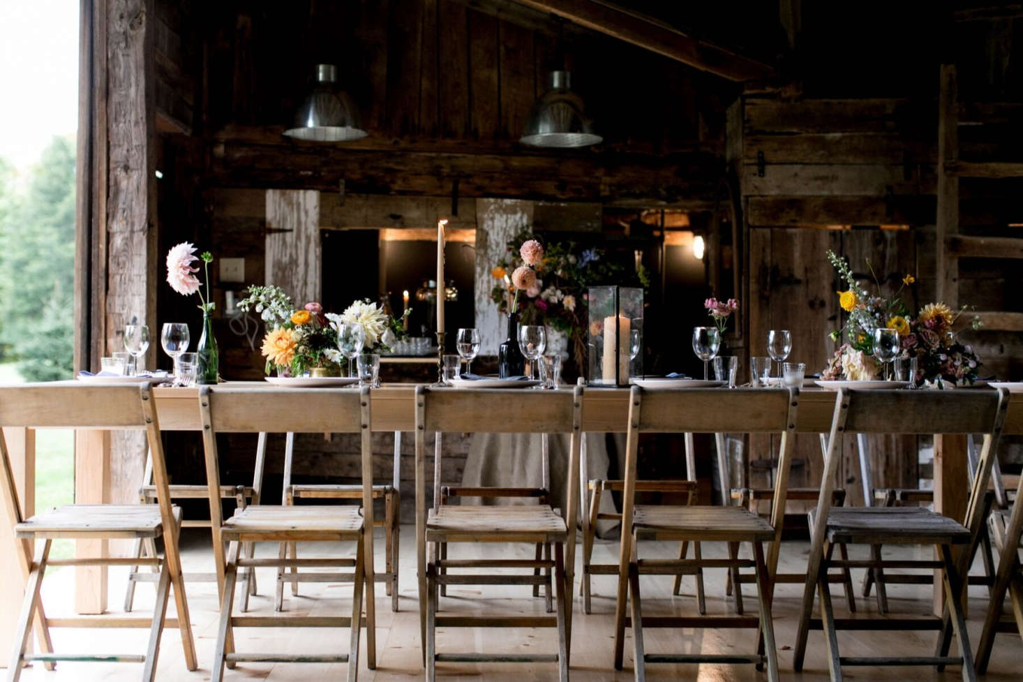 High/low: an artisan-made table with vintage wood chairs.