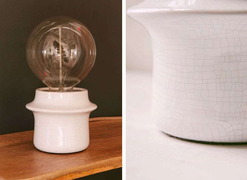 Above, L to R: The lamp, unlit. A detail of the glazing.