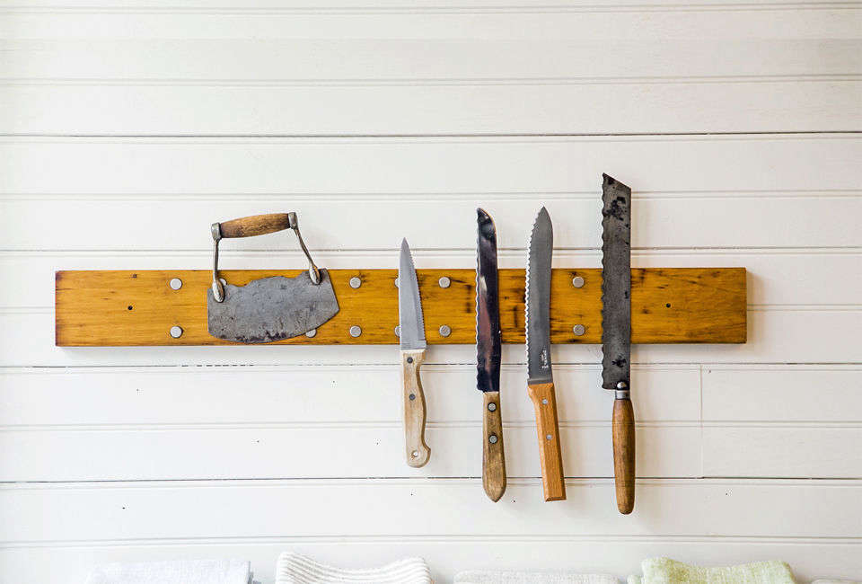 The Peg and Awl Knife Rack is made of wood salvaged from old church pipe organs; $90 to $115 depending on size at Sugar Tools.