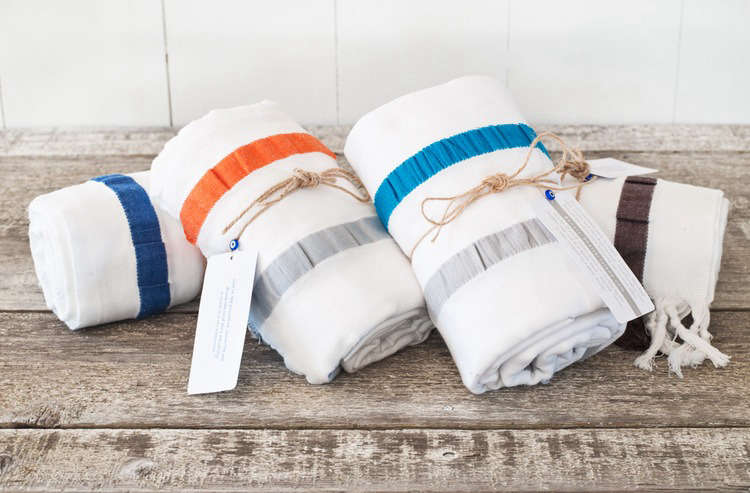 The 8 Knots Seersucker Stripe Towel, 36 by 70 inches, is made from Aegean cotton and finished with hand-knotted tassels. They’re available at 8 Knots for $196 for a set of four different colored towels. They’re also available at Indigo Cotton for $50 each.
