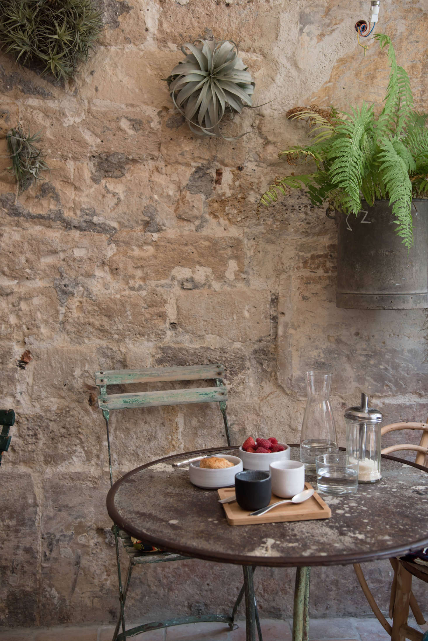Ferns and air plants seem to grow from the stone walls in the front terrasse room.