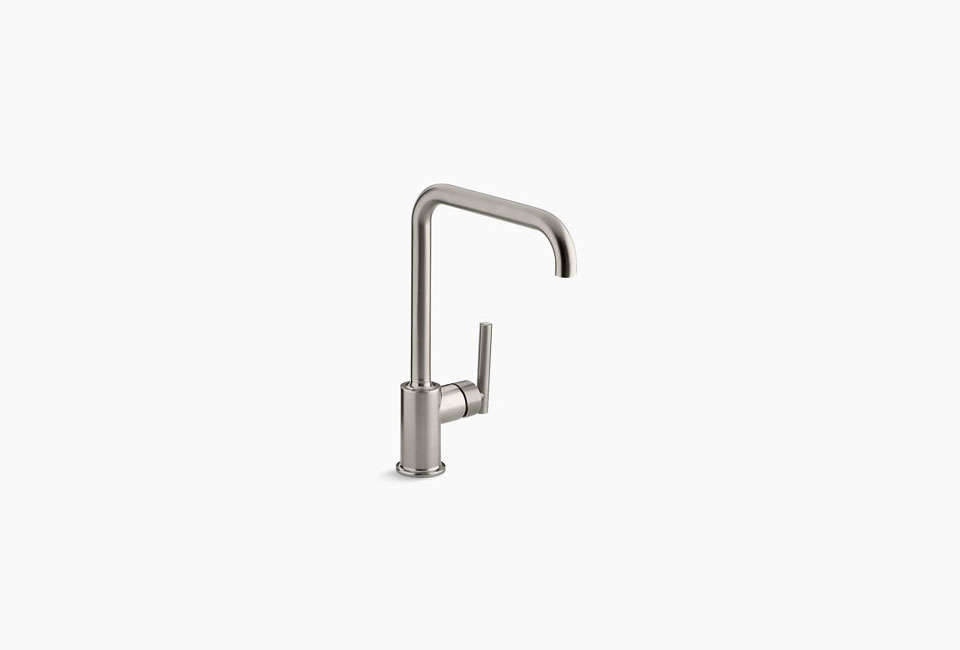 Kohler’s Purist Single-Hole Kitchen Sink Faucet with an eight-inch spout is $646.25. The Purist faucet in the Brooklyn kitchen is in Vibrant Stainless.
