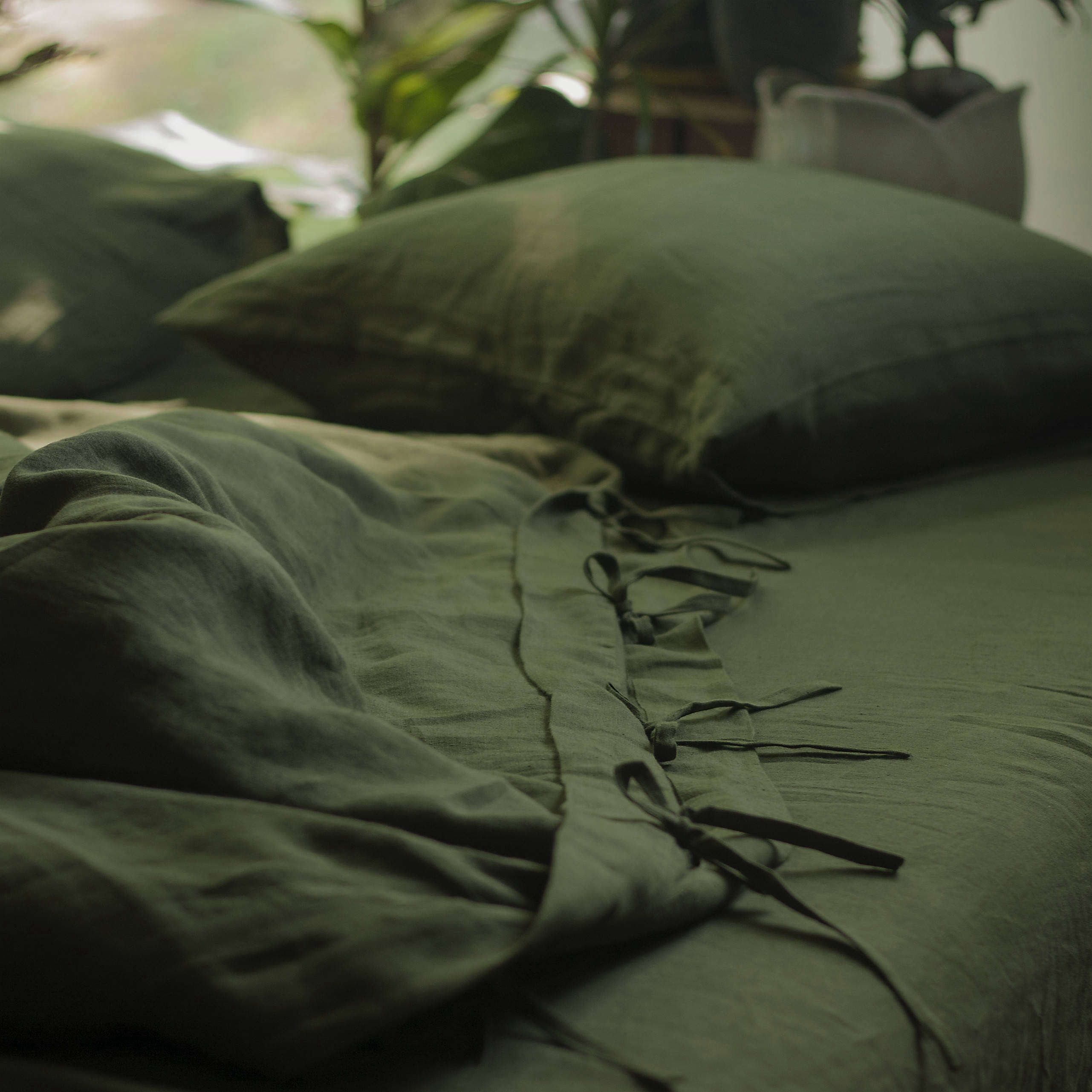 Olive Green Stonewashed Linen Pillow Case