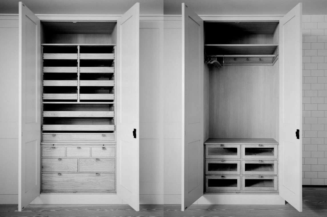 Is the luxury closet the new bespoke kitchen? We think so; here’s an example from the custom kitchen masters of Plain English who applied the same tricks of kitchen cabinet to a wardrobe interior.