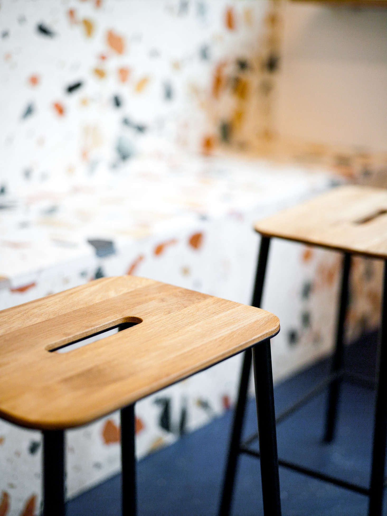 Toki An Effortlessly Cool Cafe In Amsterdam Terrazzo Included Portable Unfinished Wood And Black Steel Stools From Frama In Copenhagen Can Be Pulled Up
