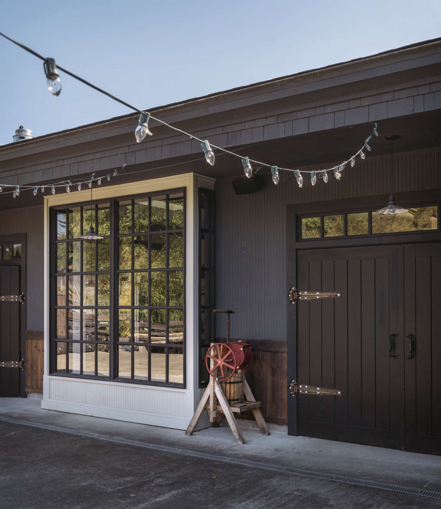 String lights hang at the ready for parties.