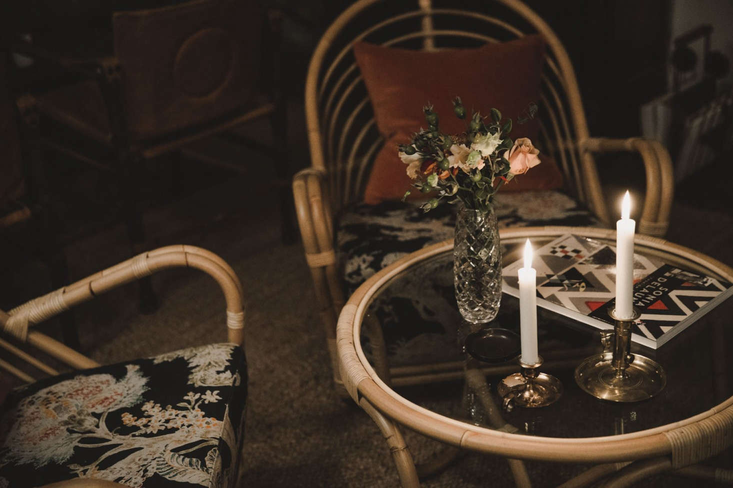 Candles and caned furniture.