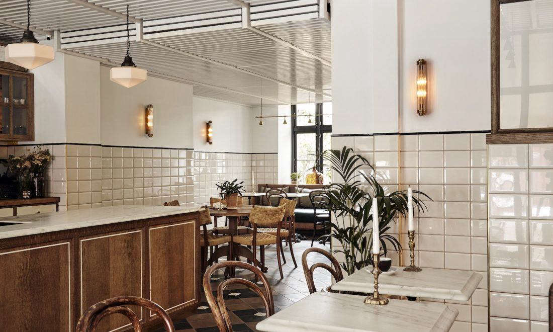 The hotel restaurant, Sanders Kitchen. “The dining room is small, tiled to the ceiling, and has a freestanding marble counter with cupboards behind, making it feel more like a home kitchen than a restaurant,” Francesca says.