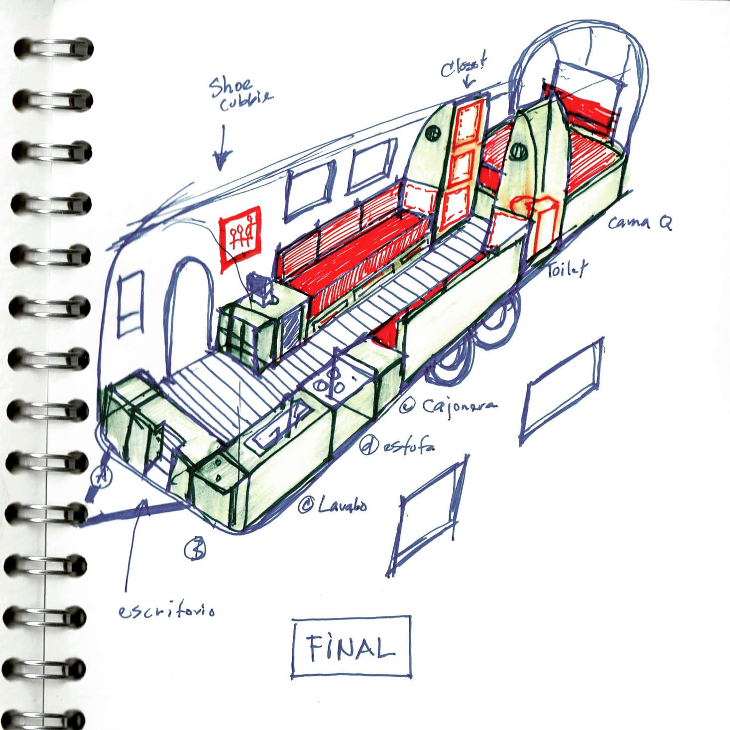 Another plan in progress: Though labeled final, things ultimately shifted around quite a bit—and the kitchen sink and shoe cubby were both deemed unnecessary.