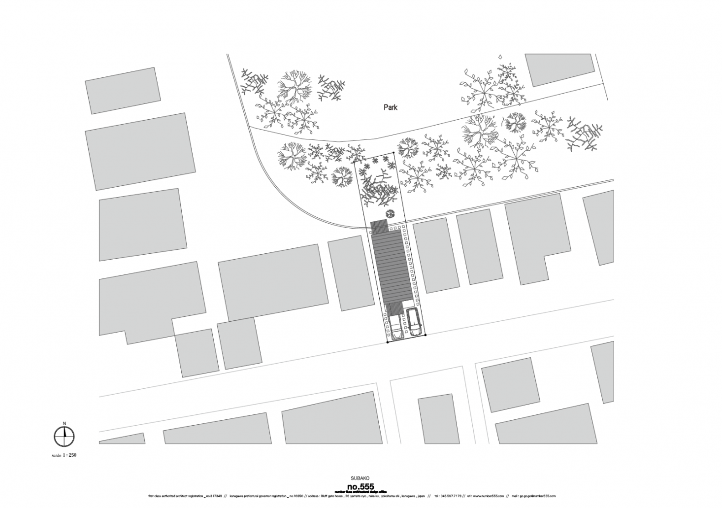 Shoehorned into a group of narrow houses, the structure opens to parkland in the back.