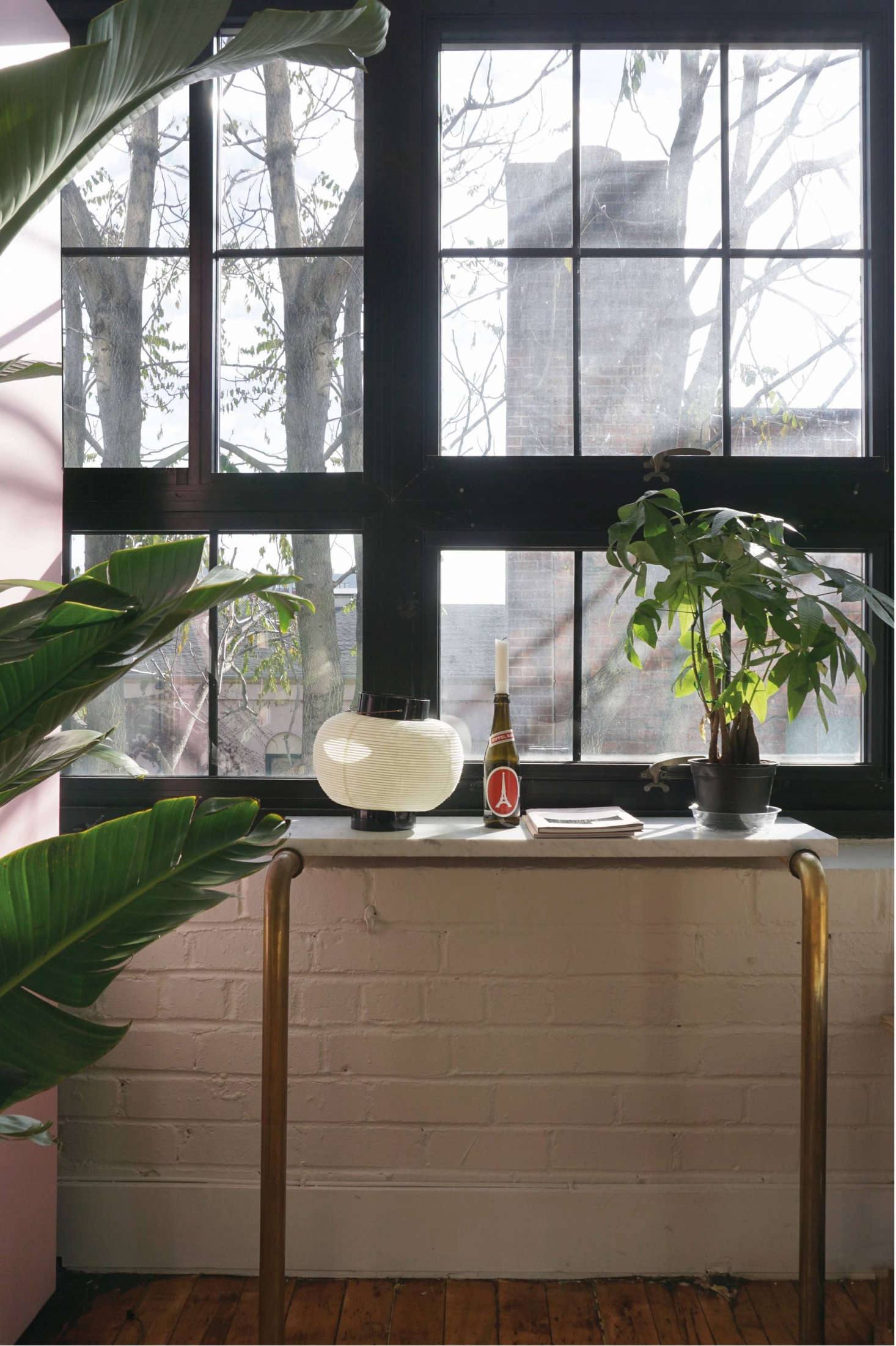 Another of the marble scrap hacks in Kristina Line’s Bushwick apartment: a two-legged marble table that rests on the windowsill. File this under Don’t Try This at Home (or call a professional): Line and her partner built it out of plumbing pipes and a length of discarded marble.