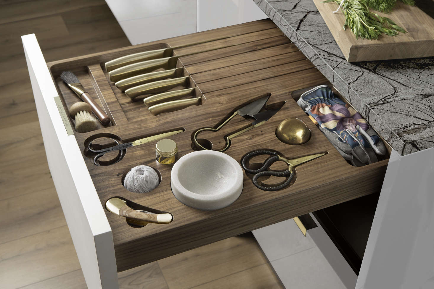 Lanserring’s Signature fitted drawers are cut from single blocks of wood and designed to snugly contain a collection of favorite tools. Known as the Foraging Drawer, this example was made for a client who is a mushroom hunter. Prices start at £2,000.