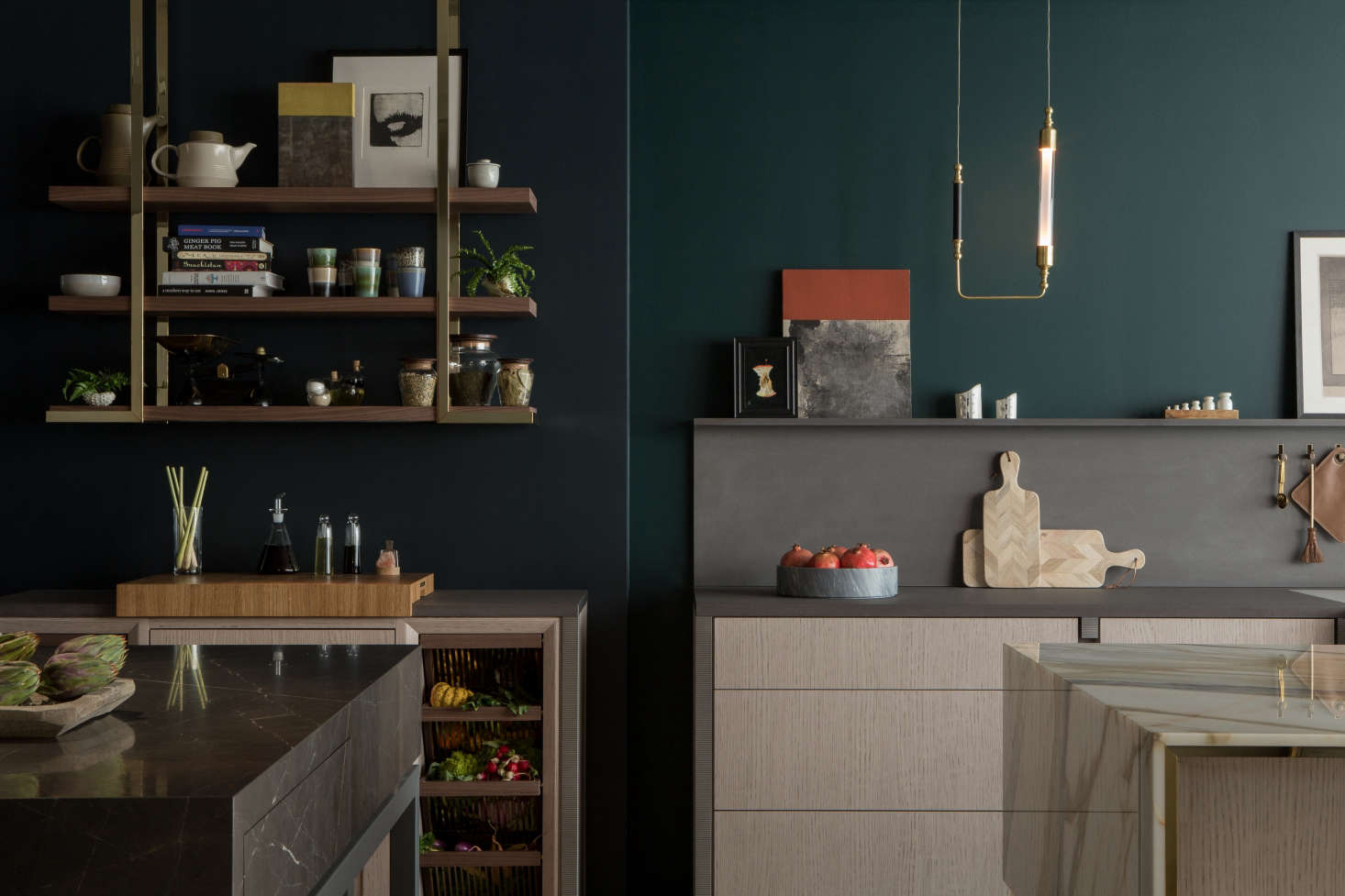 Lanserring’s Hanging Rack was conceived for a client who was unable to install anything directly on his walls because of conservation restrictions. The design can be hung or used freestanding and is available in a range of configurations and materials. It’s shown here in walnut and brass over a pantry cabinet fitted with wooden trugs (see below).