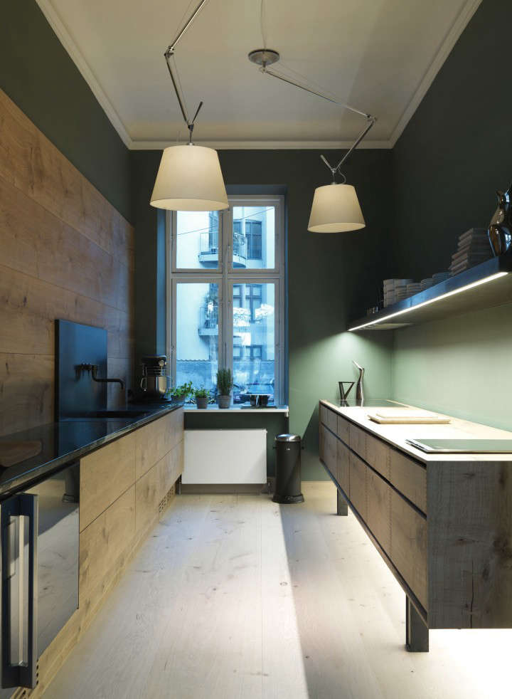 The Dinesen Kitchen series is a collaboration between the venerable Danish flooring makers and kitchen designers Garde Hvalsøe. This one, in Dinesen’s Copenhagen showroom, has walls painted in a deep, mossy green. See the rest in Kitchen of the Week: The Dinesen Wood Kitchen. Photograph courtesy of Dinesen.