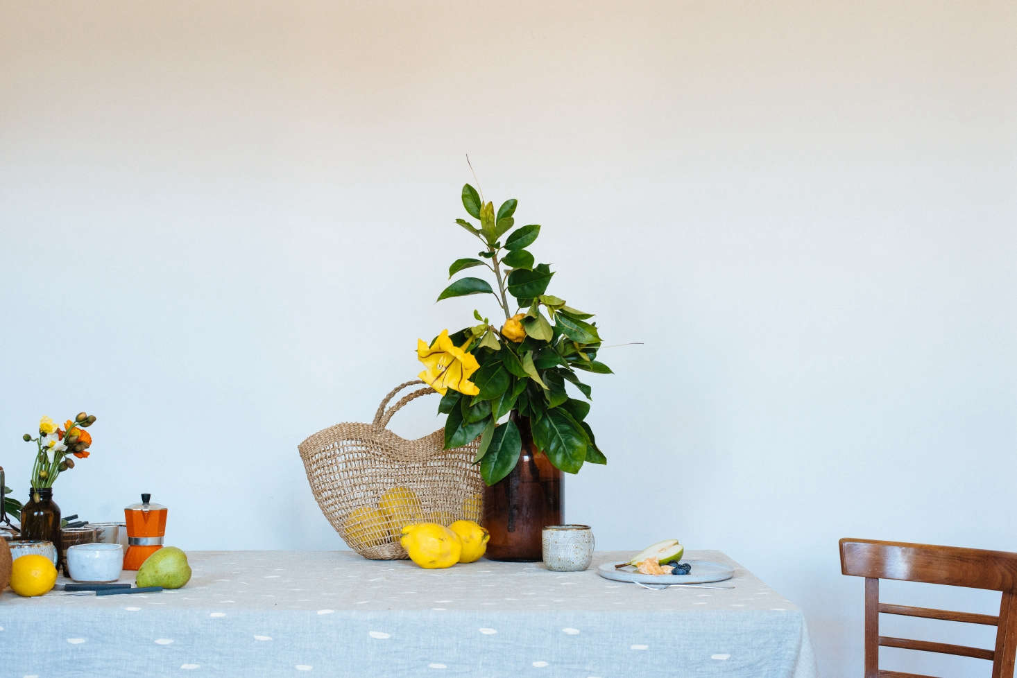 Vallentine currently offers four tablecloth designs of heavyweight linen that works well indoors and out. Like the bedding, they’re hand-painted, but she says she’s looking into screen printing these.