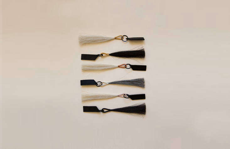 Wire-wrapped Horsehair Tassels, sourced from Fredricks and Mae, are $40 each.