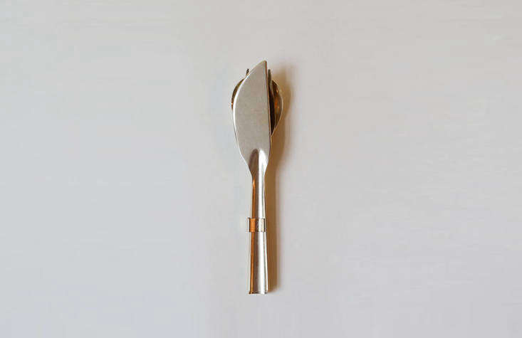 The smart Stacking Brass Flatware Set, made by Japanese brass craftsman Ruka Kikuchi, can be fastened together with a small brass clip; $74 for a spoon, fork, knife, and brass clip.