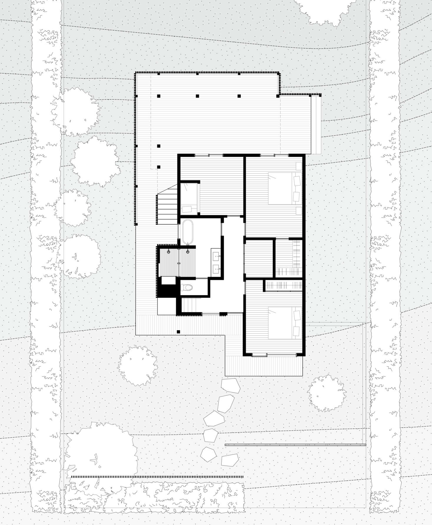 Note the two fences in the site plan, which delineate the property from the street. To reach the house, occupants walk from the gravel parking court through the gap in the two fences, along a flagstone path.