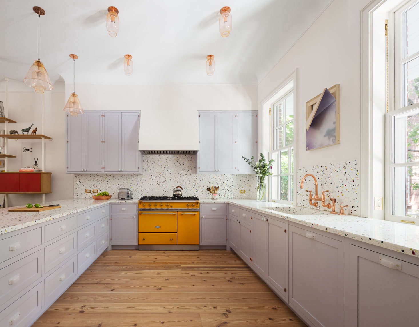 An overall view of the U-shaped kitchen. Photograph by Devon Banks, courtesy of Yun Architecture from Layers of History—and Color—in an Artist Couple’s  Manhattan Townhouse.