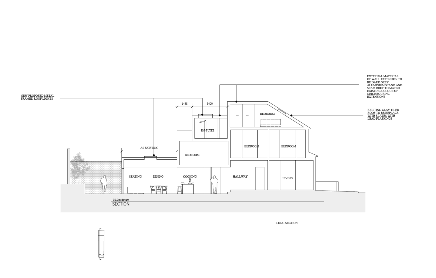 A cross-section plan details the new flow: a small living area in the front of the house, three bedrooms on the middle floor, and the master bedroom and bath incorporated into the roof and extensions.