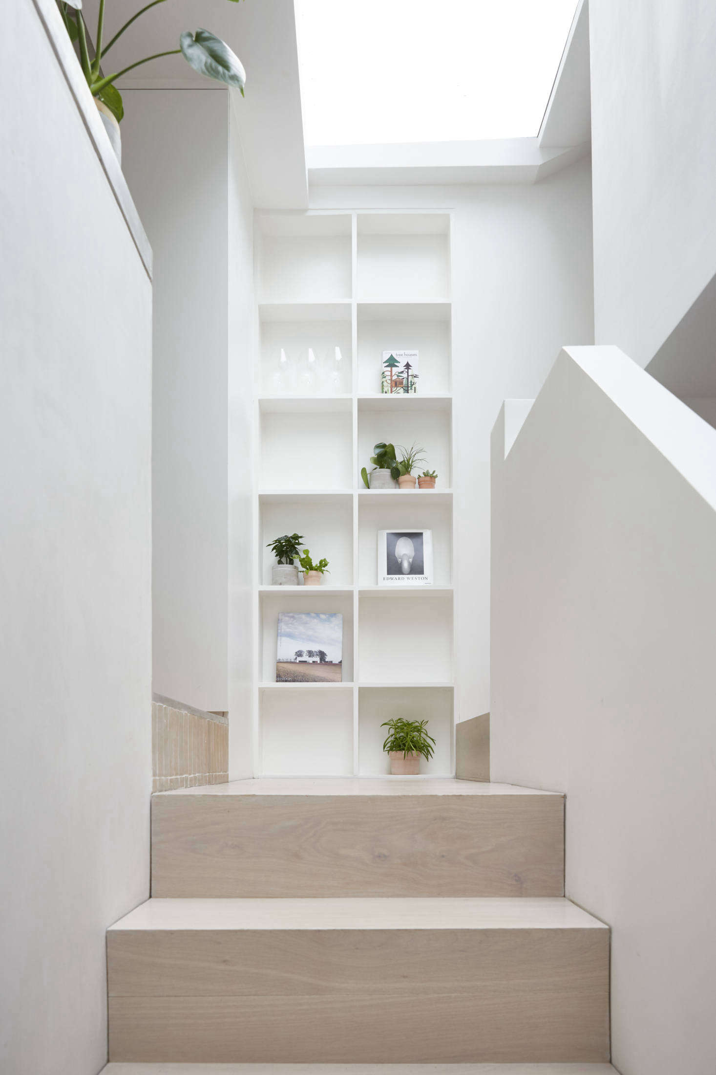 Up the stairs, with natural light coming from the skylight above. To the left is the kitchen.