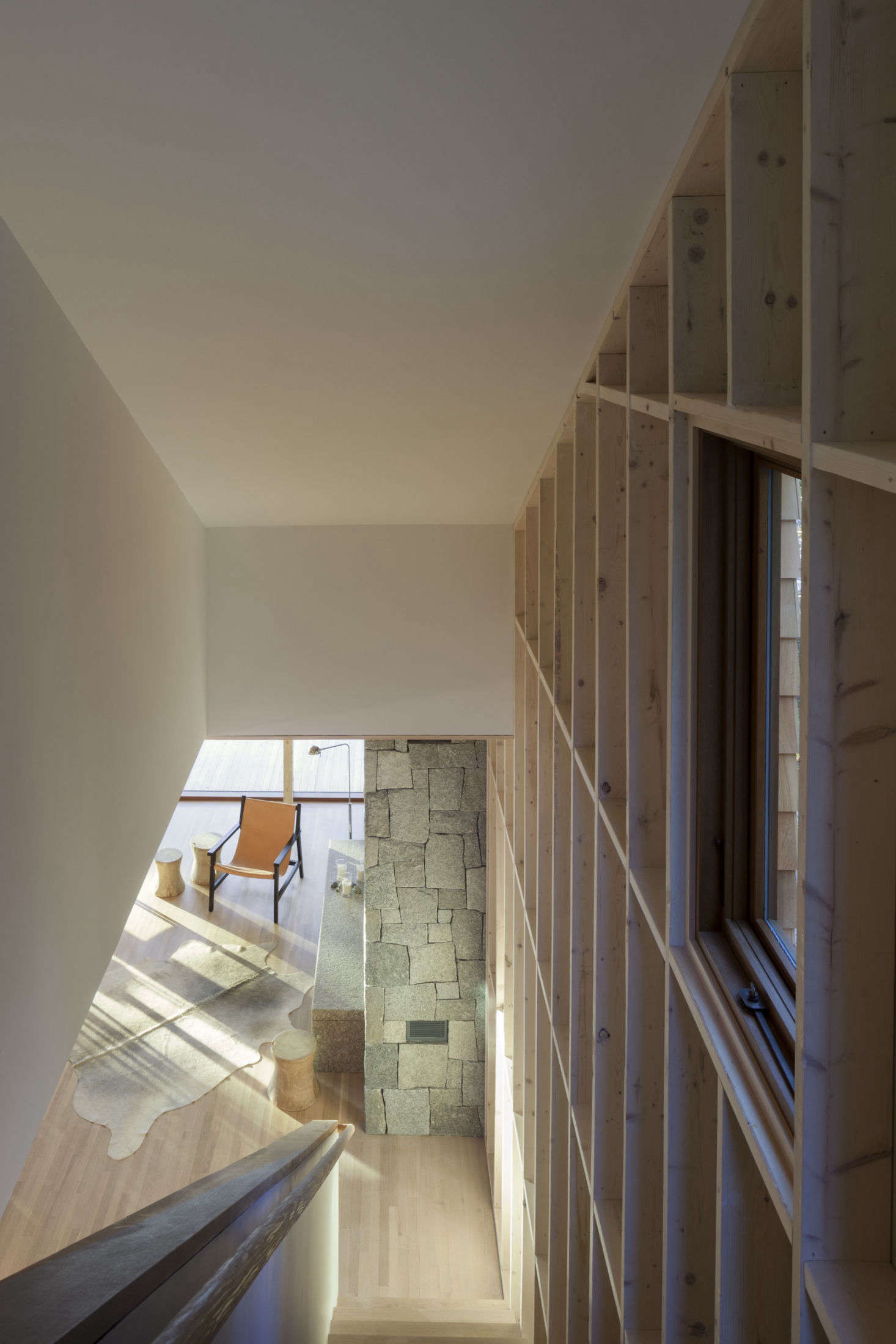Matthew Baird Architects Somes Sound House Acadia National Park Maine Stairs To The Master Bedroom Overlook Granite Hearth It S An Ashlar Composition And