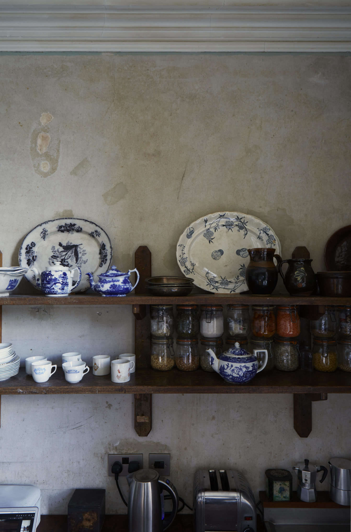The couple’s tableware of choice is antique blue-and-white china gathered over many years from car boot sales and charity shops.