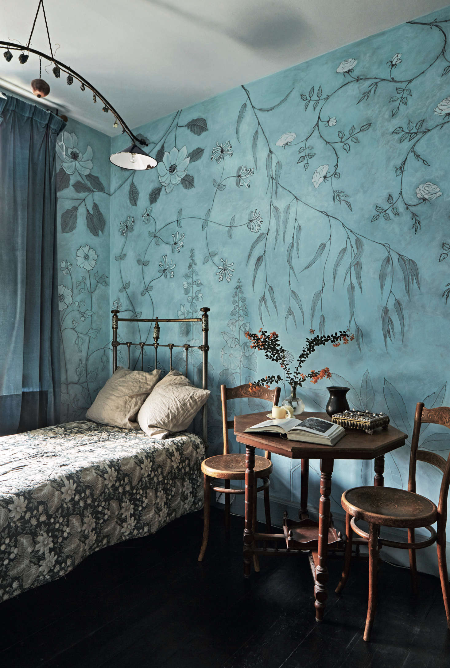 David and Anita’s daughter described the wallpaper she had in mind for her room, and when they couldn’t find it, David painted it himself. See more of his work at David Campbell and in Perfect English Townhouse.