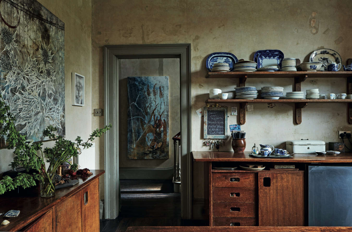 The kitchen’s cabinets were salvaged from the science department at the Camden School for Girls back when the family were living in London.