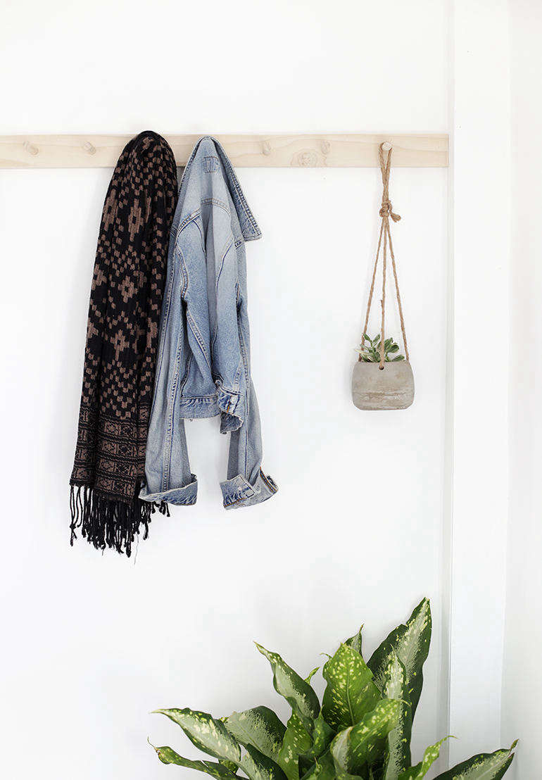 A project that speaks to us Shaker peg rail lovers here at Remodelista: The Merrythought’s DIY Wooden Wall-Mount Rack. Note that they used basic dowels as hooks, but you could easily add wooden Shaker Pegs—they’re .60 each (25 for $14.25) from Sabbathday Lake Shaker Village in Maine.