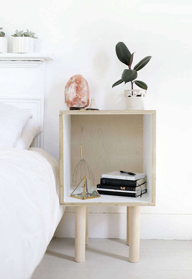 Caitlin’s DIY Plywood Side Table is simply an elevated open cube. She notes that it’s equally useful as a bedside table and sofa side table.