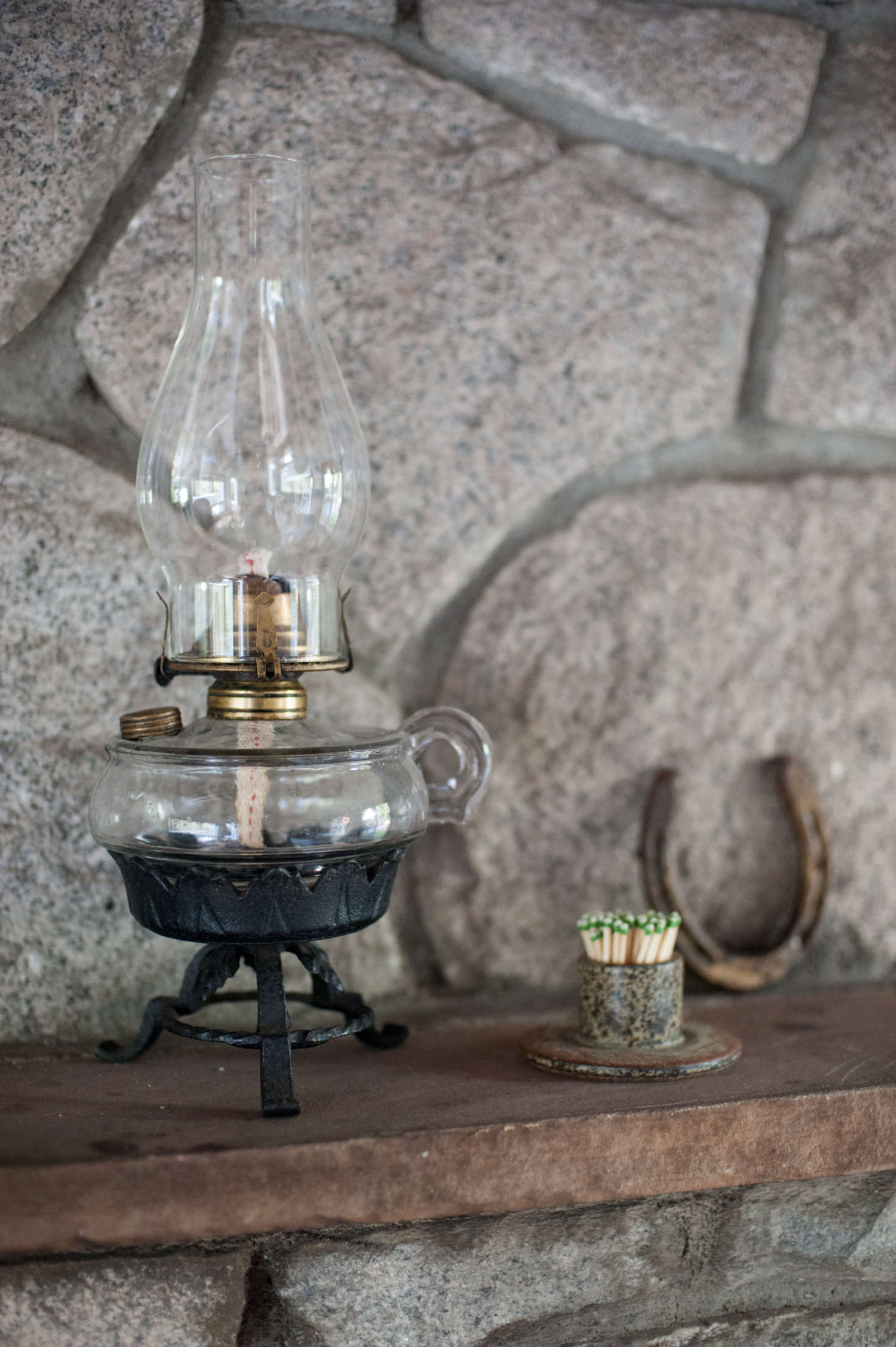 The kerosene lamp was a housewarming gift from a friend who picked it up on a visit home to Michigan: “I love it, but so far have been too scared to use it,” says Leanne.