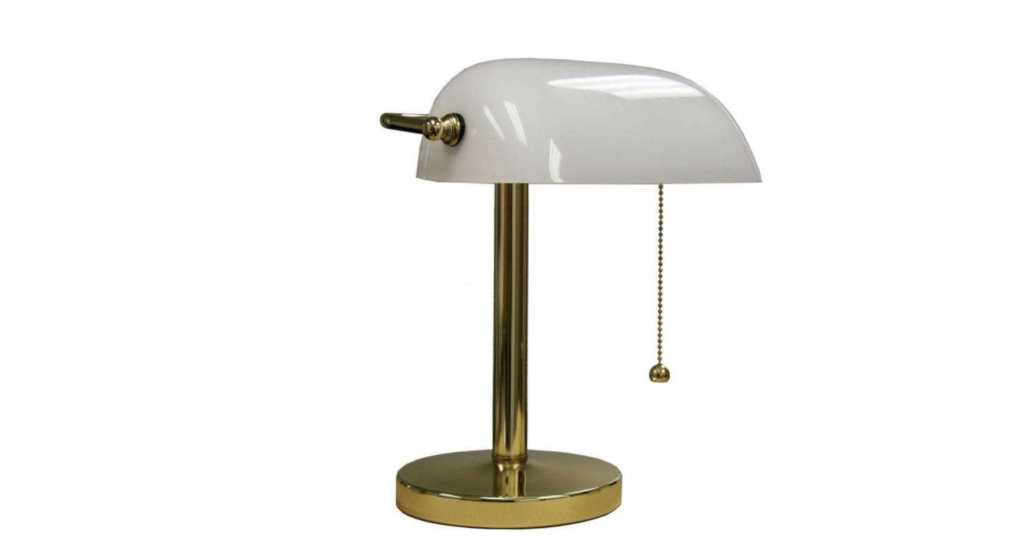 The 12.5-inch Gold Banker’s Lamp with brass finish is $56.59 from Home Depot.