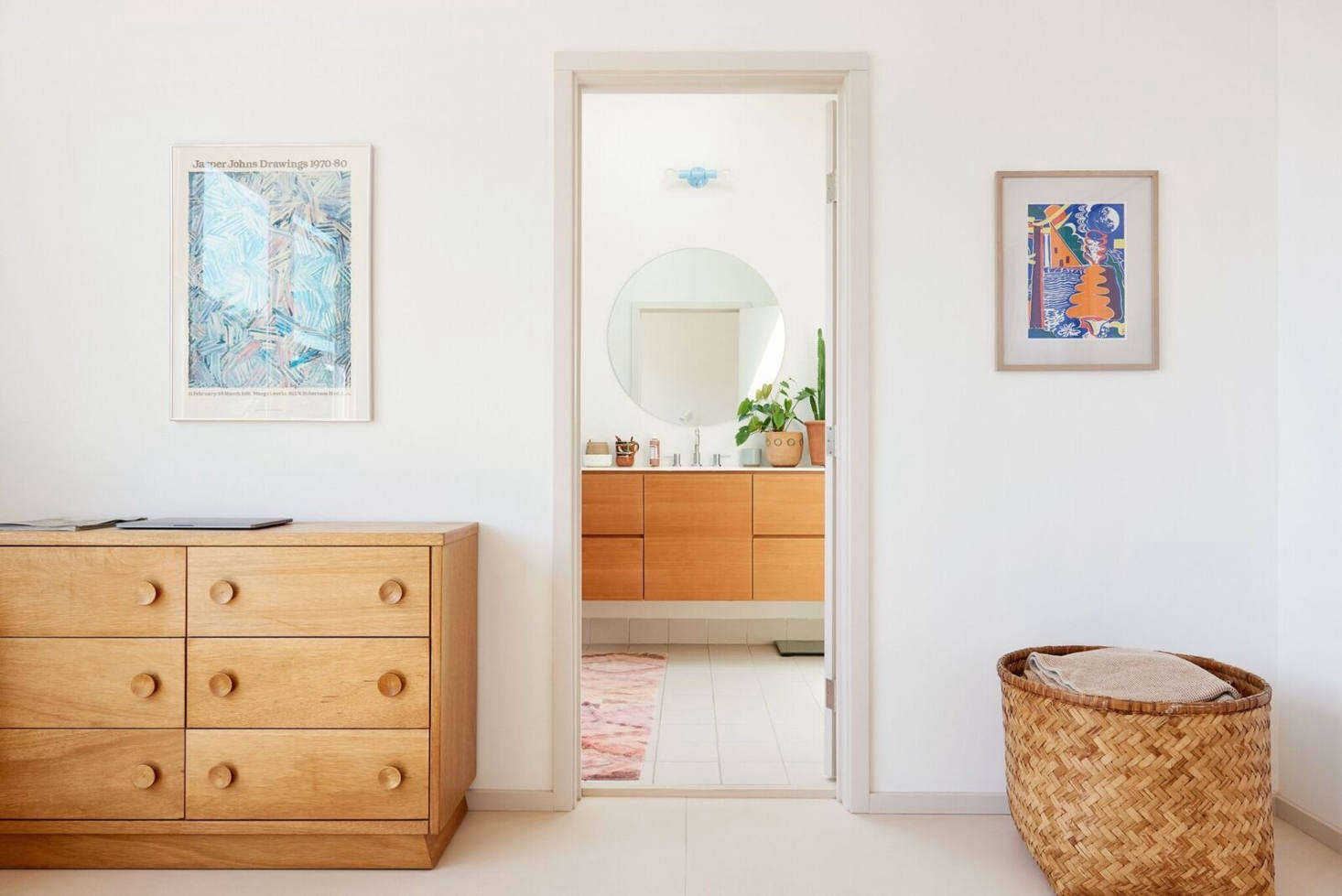 The view into the master bath, which features a vanity also built by Liz Dunning.