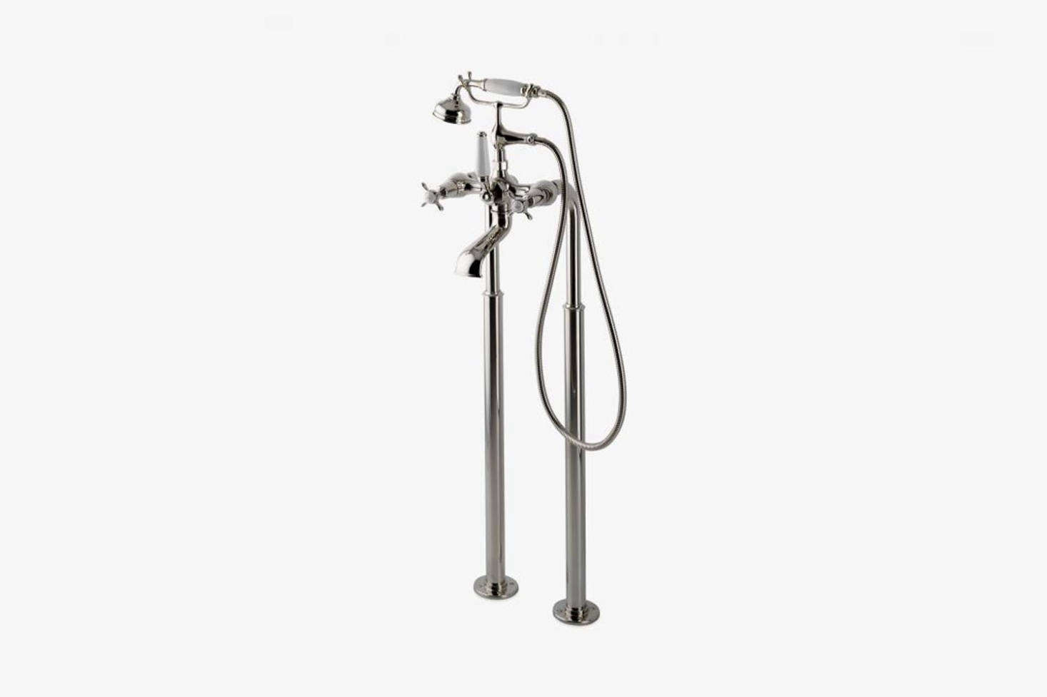 For a similar freestanding tub faucet, the Waterworks Easton Classic Exposed Tub Filler with a white porcelain handshower and lever and comes in different finishes; $