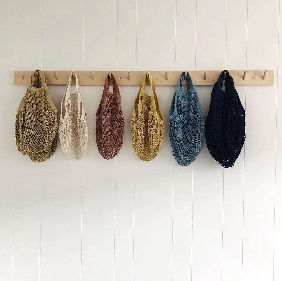 Organic cotton string bags are available with short handles (shown) and long.