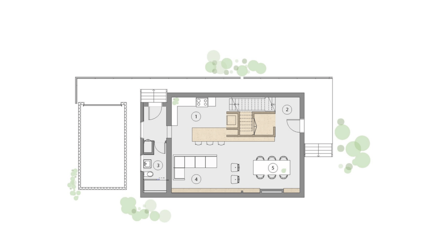 Studio AC was tasked with remodeling a 1,500 square foot two-story house. The ground floor, shown here, has a dining and living area that surround the central kitchen/stair volume.