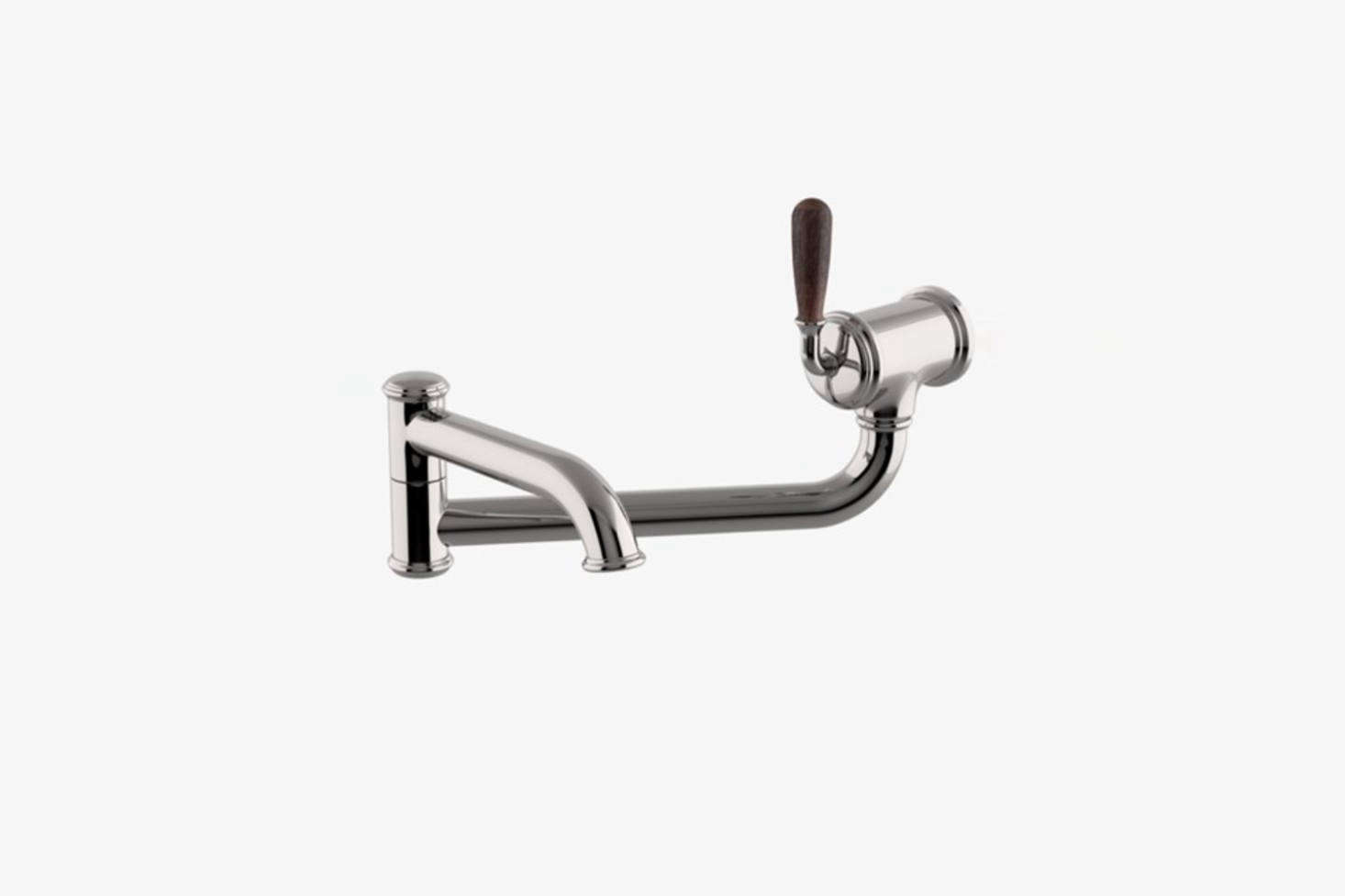 The Canteen Wall-Mounted Articulated Pot Filler Faucet has an oak handle and comes in the full 17 finishes offered by Waterworks; $2,310.